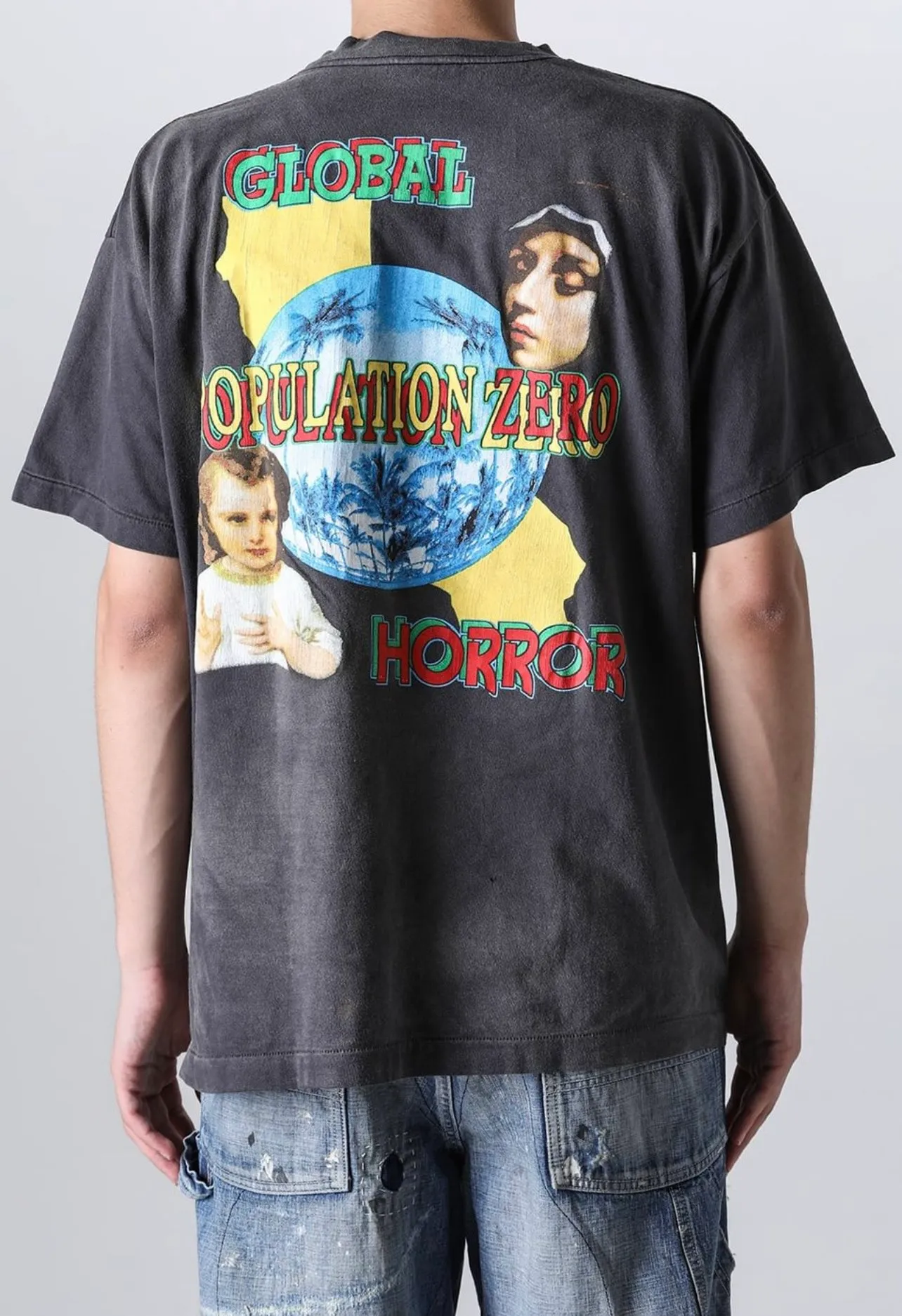 SAINT MICHAEL SS TEE/ON EARTH/BLK Jesus, Mary, Holy Infant Earth TEE Ready-to-wear Assut special piece dyeing, washed and distressed Vintage process, front and rear super complex super large printing, top purchasing agent technology